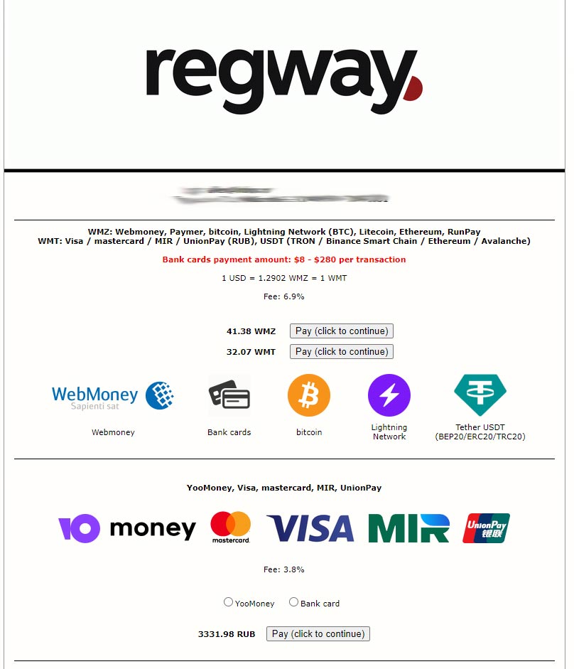 варианты платежей на regway.com